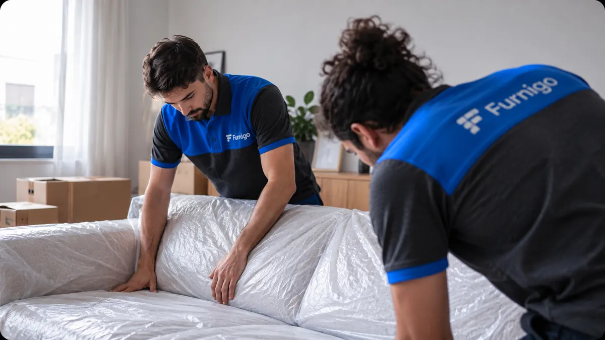 Furnigo ekibi koltuğu koruyucu ambalajla sararken ürün kontrolü yapıyor