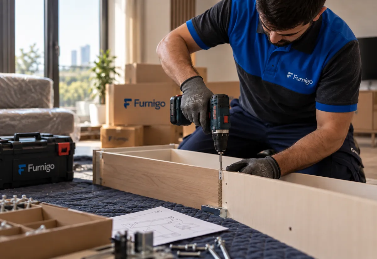 Furnigo montaj ustası müşterinin evinde mobilya kurulumu yaparken