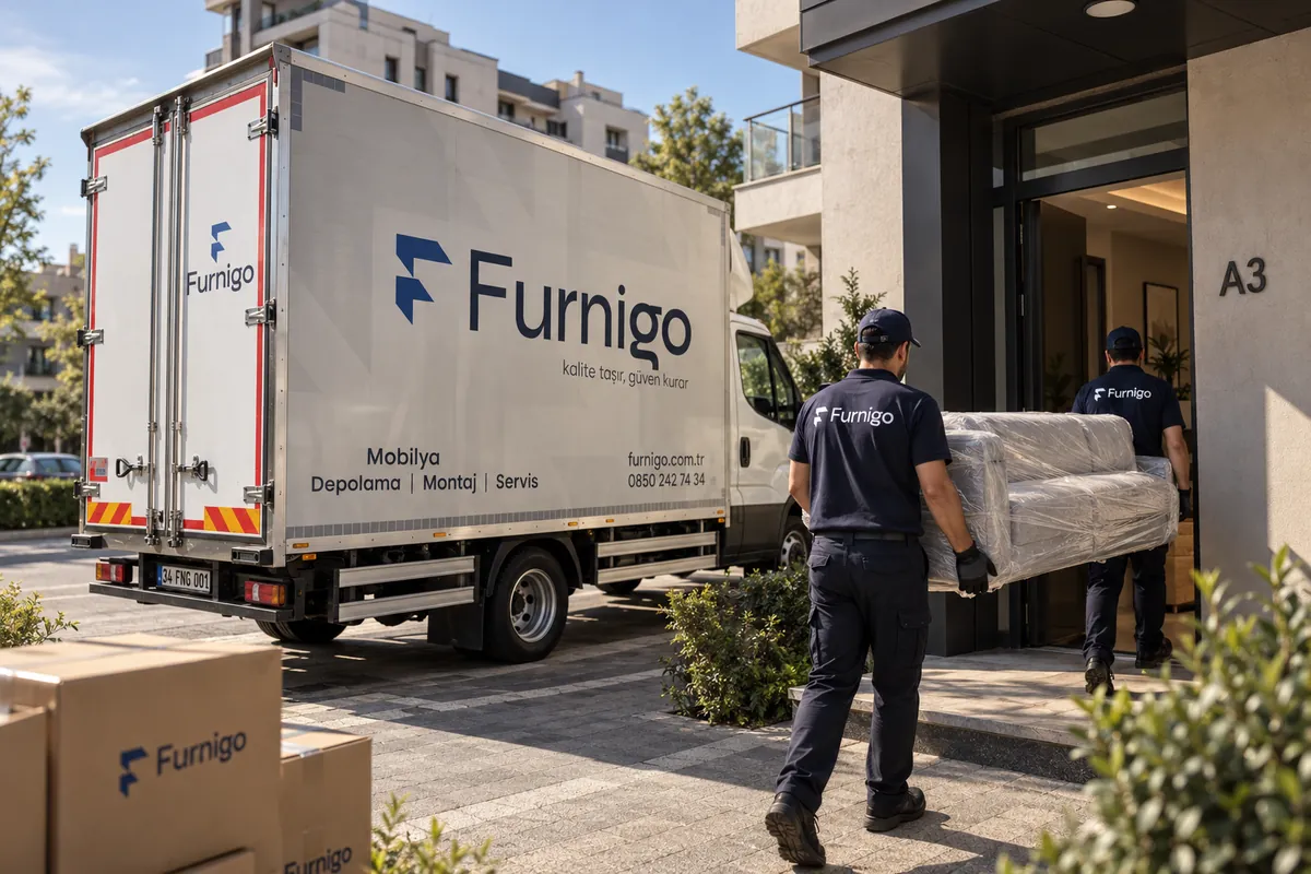 Furnigo teslimat aracı apartman girişinde; ekip ambalajlı mobilyayı içeri taşıyor